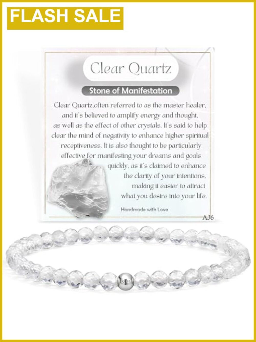 Handmade Clear Quartz Crystal Stretch Bracelet with 925 Sterling Silver Bead
